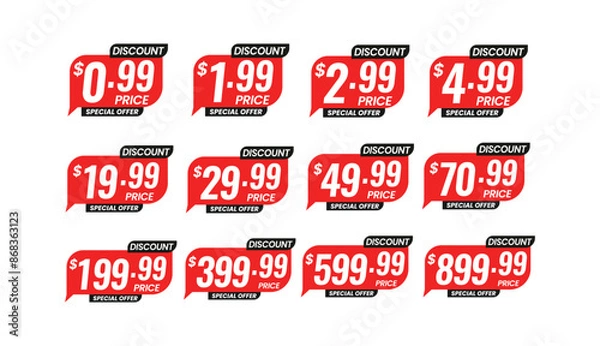 Obraz Discount price tag from 0.99 to 899.99 dollar set. Special sale offer advertising with price off label template. Save money with clearance purchase shop product price sticker. Vector illustration