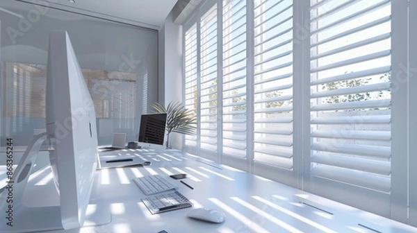 Obraz minimalist architecta??s office with Bahama shutters in pure white, providing a clean, unobtrusive look while managing light efficiently