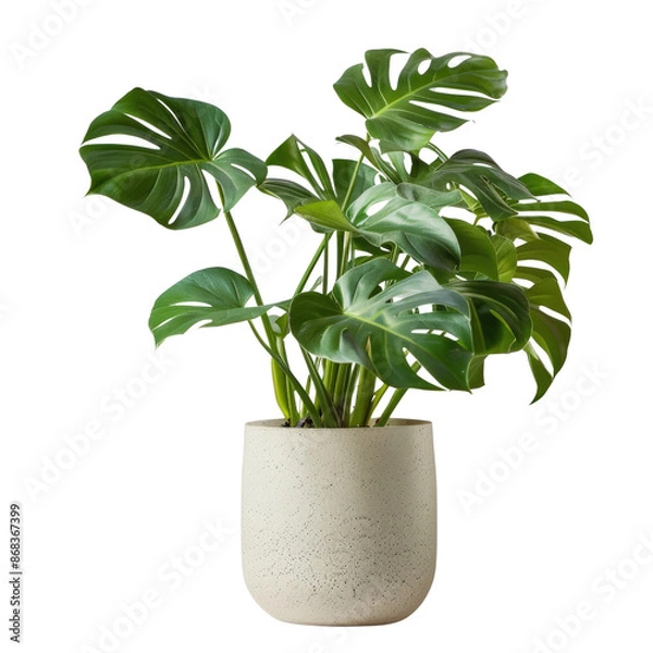 Fototapeta Beautiful monstera plant in a decorative white pot, perfect for indoor decor and adding a touch of nature to your home or office space.