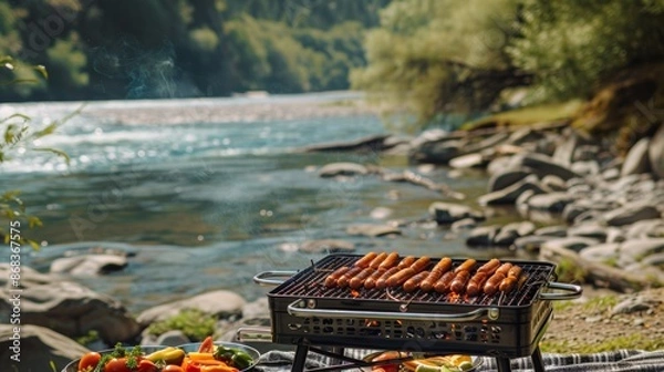 Obraz Scenic Riverside Picnic with Portable Grill Cooking Hotdogs and Vegetables for Barbecue