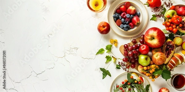 Fototapeta Top view of colorful autumn fruits and vegetables arranged on a white background, vibrant and fresh seasonal display, banner with copy space
