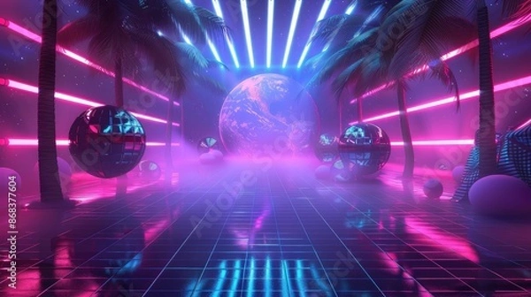 Obraz Disco balls on night club stage with neon lights, 80s retro party banner