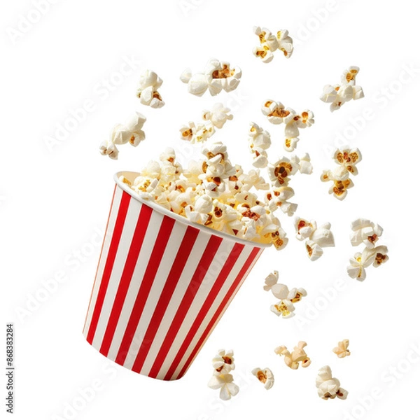 Fototapeta Red and white striped popcorn bucket with popcorn flying in the air.