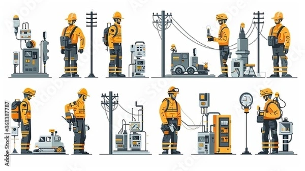 Fototapeta electrical engineer and utility pole illustrations. Flat vector illustrations of electrical work, electrical repairs, control, analysis of electrical repairs, communication, control