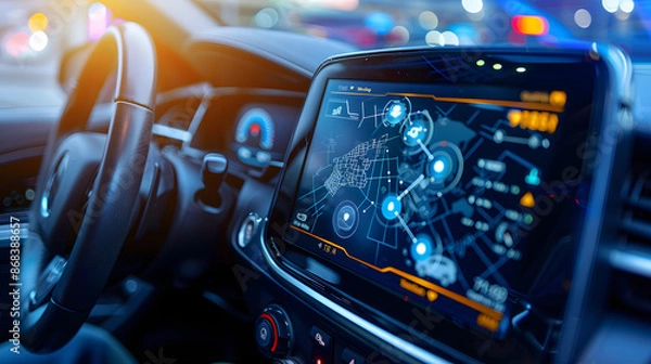 Obraz Close-up of a futuristic car dashboard featuring an advanced navigation system. The digital display shows detailed maps and navigation information, highlighting cutting-edge automotive technology.