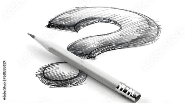 Fototapeta A pencil actively sketching a question mark on a white sheet of paper. The sketch features detailed shading and a realistic, hand-drawn style.