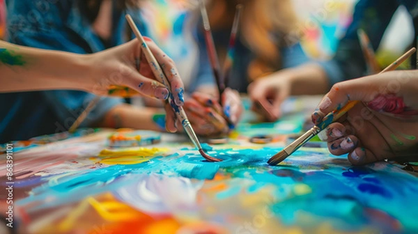 Fototapeta Close-up of multiple hands painting with brushes on a colorful canvas, showcasing teamwork and creativity during a group art session. Perfect for art, creativity, and collaboration themes.