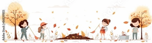 Fototapeta Children raking autumn leaves in a park, with fall colors and trees in the background. Smiling kids enjoying outdoor activities.
