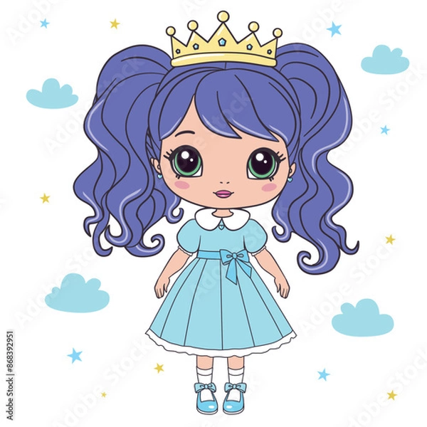 Fototapeta Hand drawn beautiful, cute, romantic redhead curly girl with freckles on the background with words Princess. Vector illustration.