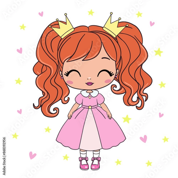Fototapeta Hand drawn beautiful, cute, romantic redhead curly girl with freckles on the background with words Princess. Vector illustration.