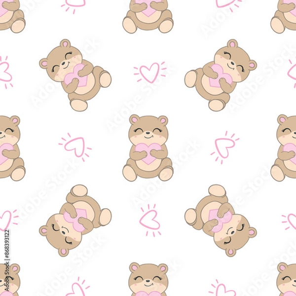 Fototapeta teddy bear with bow tie and kawaii hearts, pink girly seamless pattern background with abstract sun, kids cute woodland animals fabric