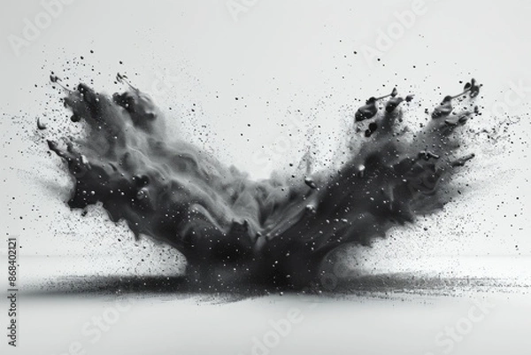 Fototapeta Black ink splash explosion isolated on white background, 3D rendering illustration in the style of flat lay, top view, front view.