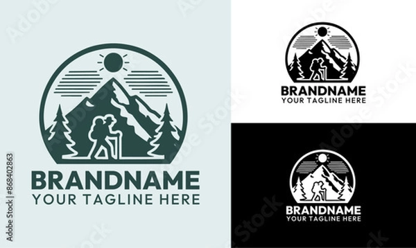 Obraz Vintage Hiking Adventure Logo with Mountain and Sun Design
