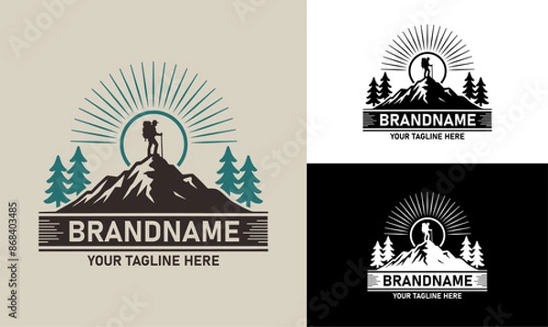 Obraz Mountain Climber Logo Design with Peak, Trees, and Sun Rays in Circular Design