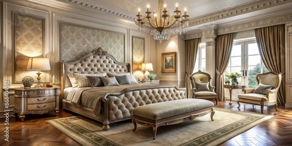 Fototapeta Luxurious bedroom with elegant furniture and plush bedding, luxury, bedroom, interior design, elegant, chic, high-end