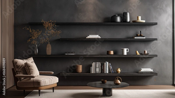 Fototapeta Minimalist wall design with floating shelves holding a refined and curated assortment of decor items.