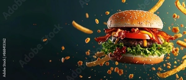 Fototapeta Futuristic depiction of fast food elements breaking through in a powerful burst, with copy space