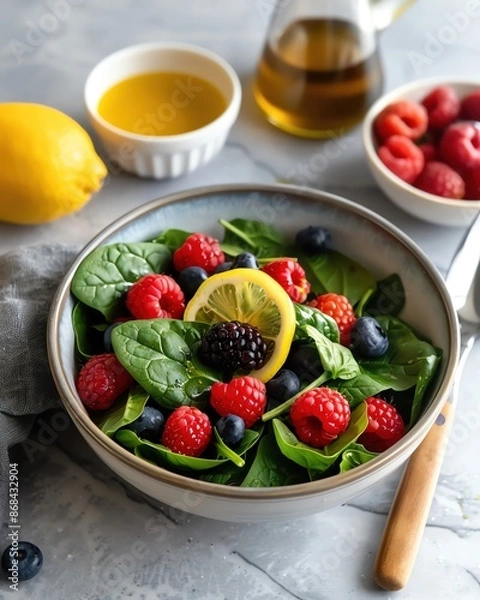 Fototapeta Fresh berry and spinach salad with a lemon slice on top, surrounded by ingredients on a grey background.