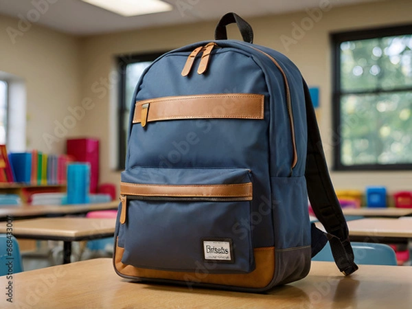 Fototapeta View of bookbag in school classroom on top view background. Ai generative