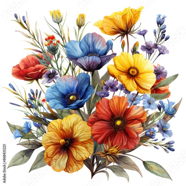 Fototapeta Watercolor blooming botanical flowers branch and wildflower bouquet clip art element illustration