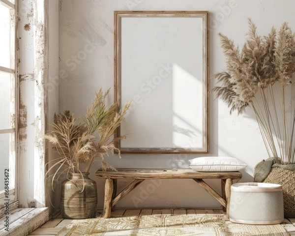 Fototapeta Farmhouse Spring. Interior Design with Mockup Frame in Light Pastel Colors
