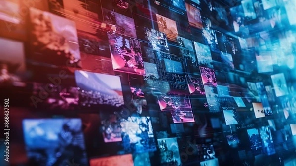 Obraz Abstract video wall in television production room as technology concept with colorful screens and various images. TV monitors on light rooms with reflections on floor. 3D Rendering