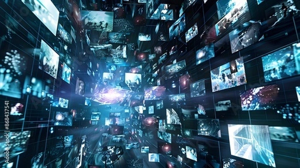Obraz Abstract video wall in television production room as technology concept with colorful screens and various images. TV monitors on light rooms with reflections on floor. 3D Rendering