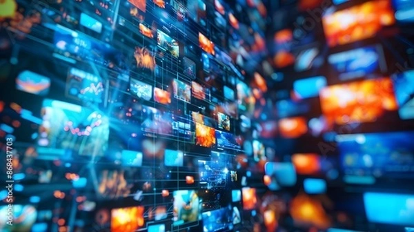 Obraz Abstract video wall in television production room as technology concept with colorful screens and various images. TV monitors on light rooms with reflections on floor. 3D Rendering