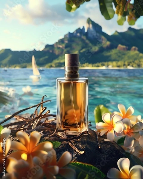 Fototapeta realistic packshot of a perfume with tahitian vanilla flowers and the sea of   Tahiti in background, hyperdetailed, photorealistic, Canon EOS R5 camera, 8k,
