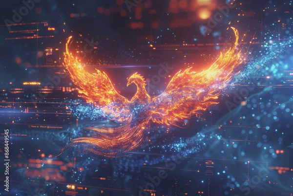 Fototapeta The flames formed the outline of a phoenix. and icons showcase innovative technology.