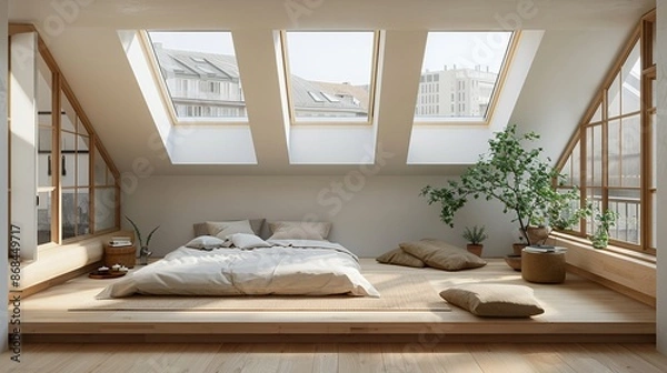 Fototapeta Minimalist bedroom bright lighting from skylights white walls light wooden flooring simple furniture and green plants adding a touch of nature creating a fresh and airy space