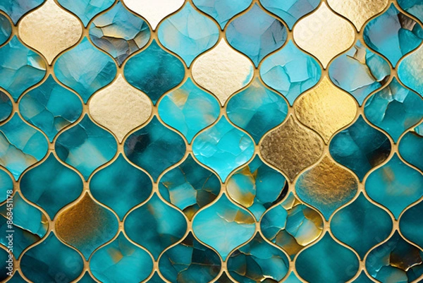 Fototapeta Turquoise and golden oriental mosaic pattern tile wall background
