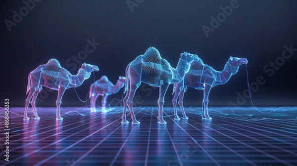 Fototapeta A group of four camels are standing on a black background