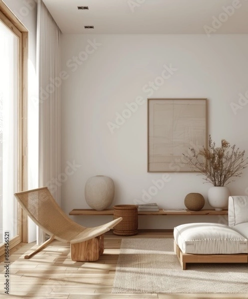 Fototapeta Cozy interior with white wall, light wood finishes, and minimalist furniture