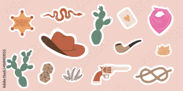 Obraz Collection of cowboy theme stickers pack. Cowboy hat, lasso, cactus, snake, sheriff badge, handgun, dice, cards, bandana. Wild west, western design. Hand drawn vector set