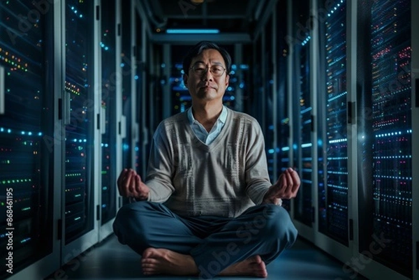 Fototapeta System administrator lotus yoga enhancing workspace serenity and focus. Focused asian individual meditating lotus embodying control and calm. Metaphor of balance and control 
