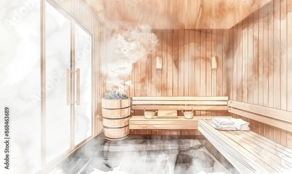 Fototapeta Front view of empty Finnish sauna room. Modern interior of wooden spa cabin with dry steam. 