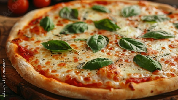 Fototapeta Close-up of a margherita pizza with melted cheese and fresh basil leaves