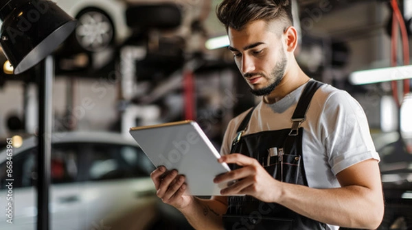 Fototapeta Mechanic in a car repair shop using a digital tablet for diagnostics, illustrating the integration of technology in automotive maintenance and repair