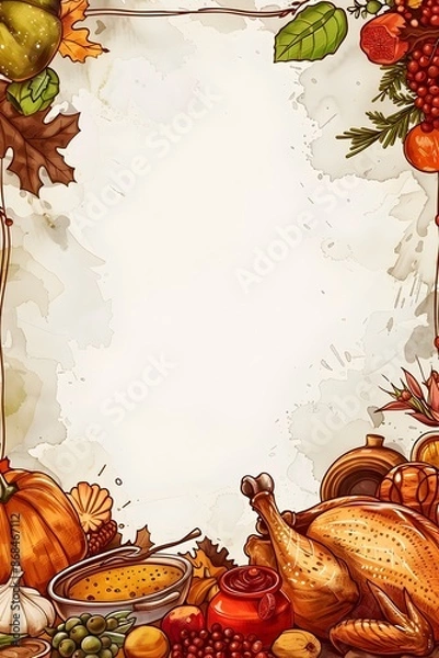 Obraz Bountiful Thanksgiving Feast with Whimsical Doodle Border Frame and Blank Space for Customizable Message or Overlay