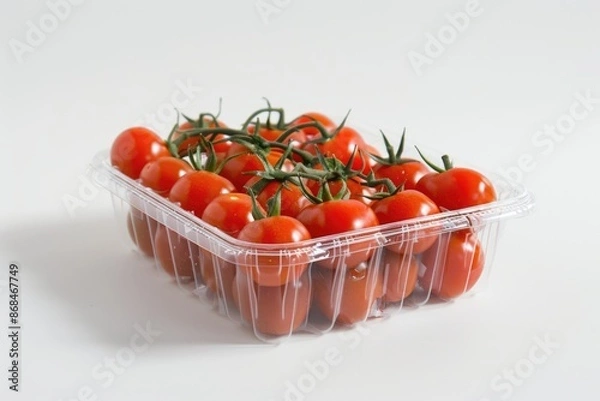Fototapeta Tomatoes In Container. Small Cherry Tomatoes in Red with White Background