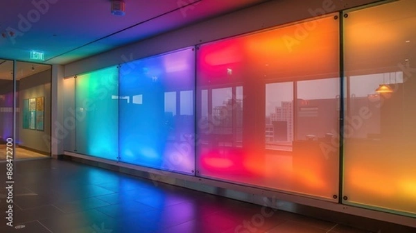 Fototapeta Screen wall featuring large, frosted plexiglass panels with embedded LED lights that change colors based on the time of day