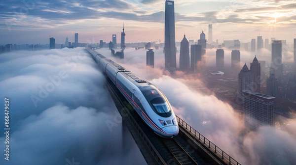 Obraz A train speeding over the city
