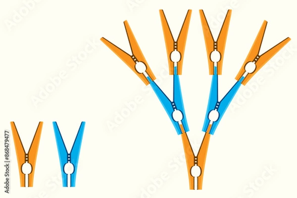 Obraz Orange and blue clothespin. Clothes peg. Clothesline hanging peg. Mathematics, geometry, physics question.
