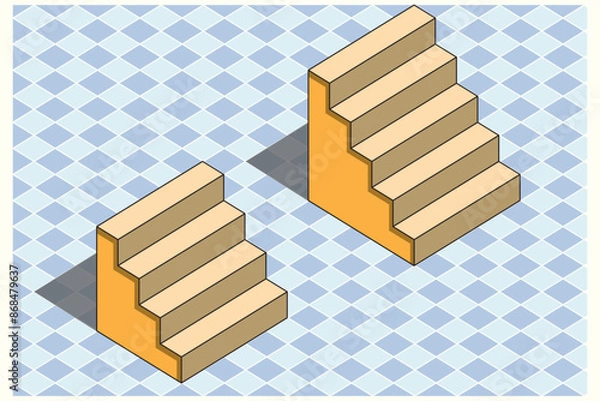 Obraz Stair. Stairs on the ground. Checkered ground floor. The height of the stairs above the ground. Mathematics, geometry, physics question.