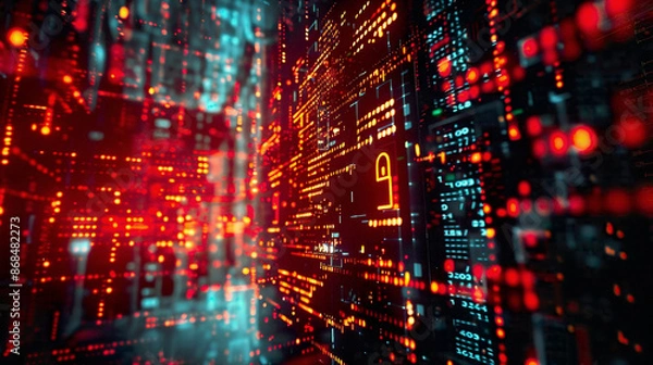 Fototapeta Computer security concept depicted with digital lock mechanism amidst binary code streams Cyber defense theme with futuristic elements Dynamic lighting intense atmosphere 