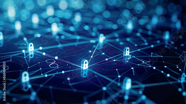 Fototapeta Digital data network and cyber security technology network connections with lock icons modern blue background emphasizing data protection 