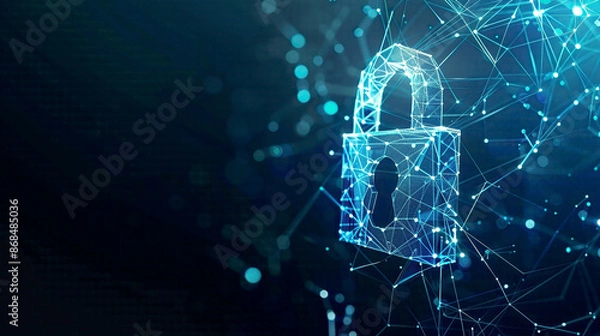 Fototapeta Digital representation of a lock symbol created with lines and triangles network points connecting on a blue background cybersecurity theme 