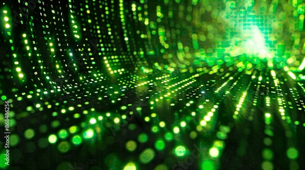 Fototapeta Green binary code matrix background featuring flowing numeric sequences and digital grid evoking themes of technology and data visualization 