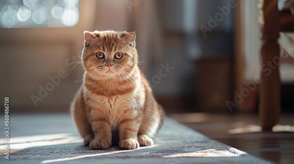 Fototapeta Cute ginger cat sitting on the floor and looking at the camera